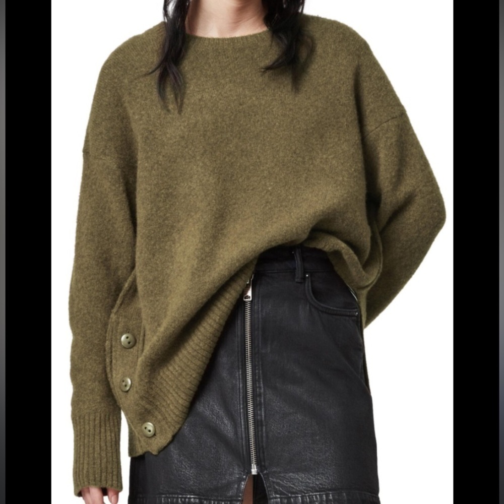 All Saints Khaki knit rufa sweater winter holiday classic button wool boho $200